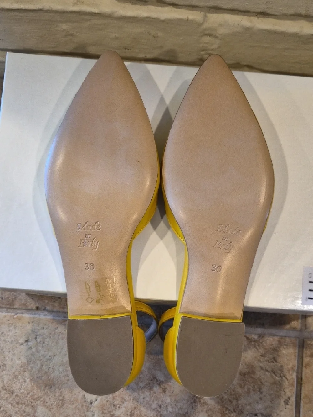 Yellow Pointed-Toe Ankle-Strap Flats. Made In Italy. Leather.